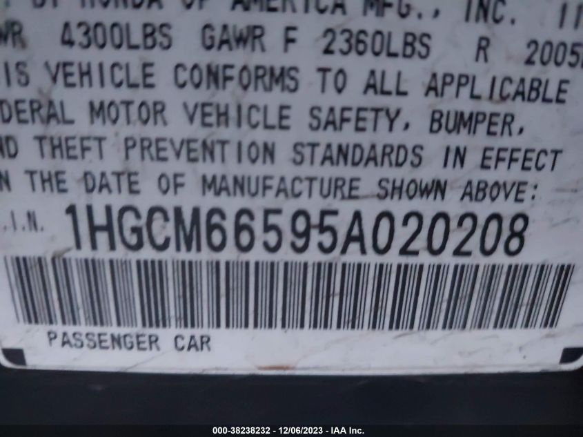 2005 Honda Accord 3.0 Ex VIN: 1HGCM66595A020208 Lot: 38238232