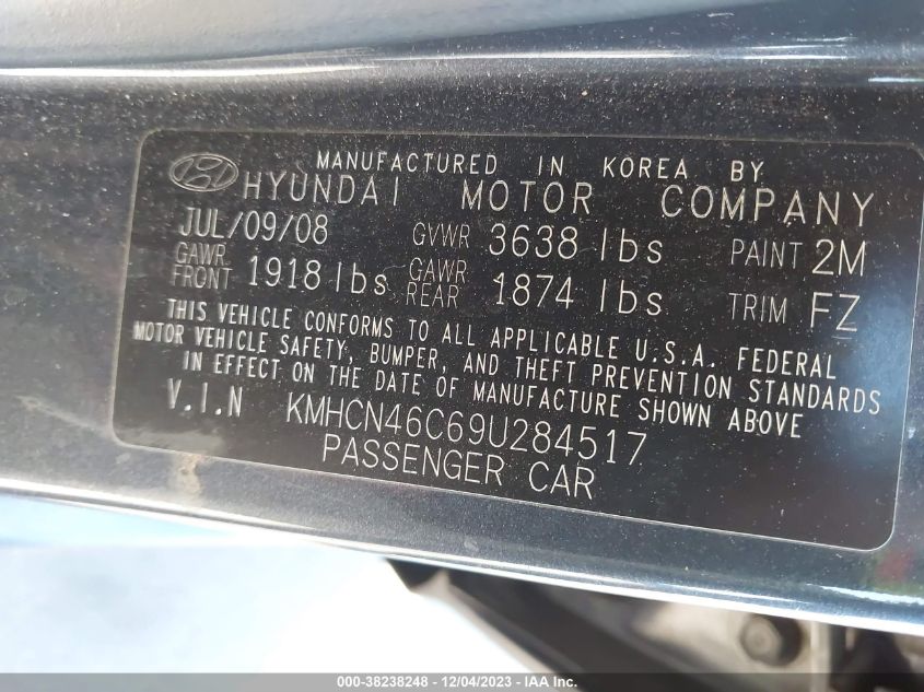 2009 Hyundai Accent Gls VIN: KMHCN46C69U284517 Lot: 38238248