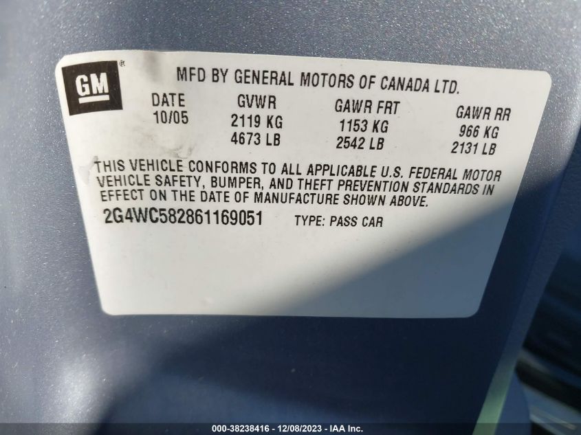 2006 Buick Lacrosse Cx VIN: 2G4WC582861169051 Lot: 38238416