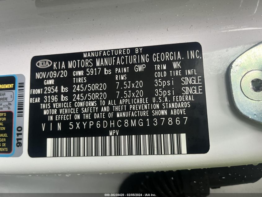 2021 Kia Telluride S VIN: 5XYP6DHC8MG137867 Lot: 38238420