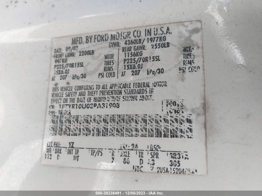 2003 Ford Ranger Edge/Xl/Xlt VIN: 1FTYR10U03PA31908 Lot: 38238491