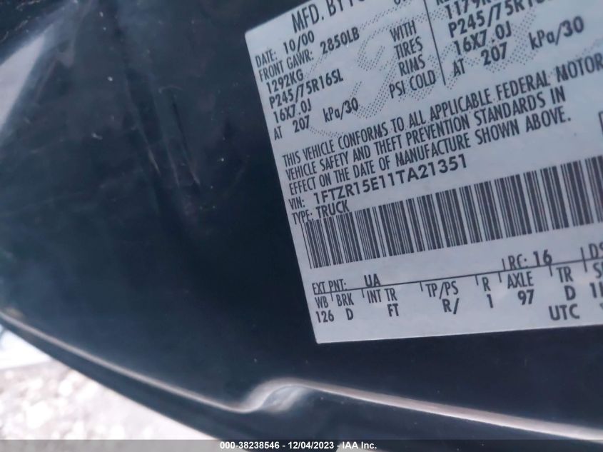 2001 Ford Ranger Edge VIN: 1FTZR15E11TA21351 Lot: 38238546