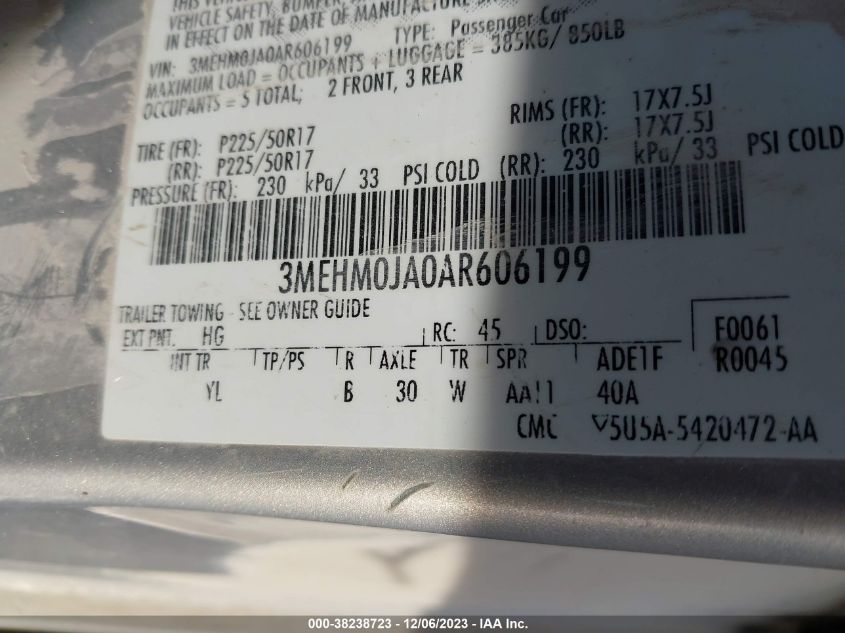 2010 Mercury Milan Premier VIN: 3MEHM0JA0AR606199 Lot: 38238723