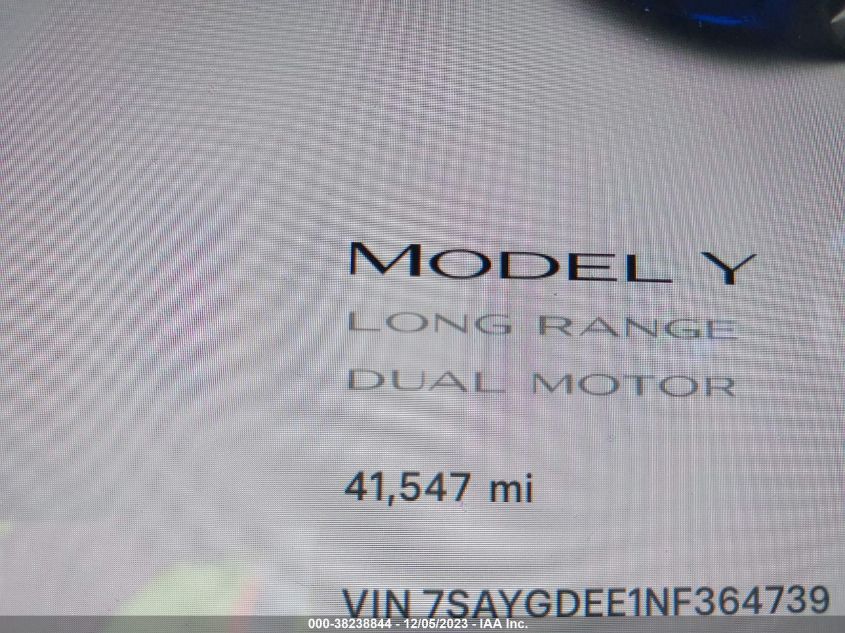 2022 Tesla Model Y Long Range Dual Motor All-Wheel Drive VIN: 7SAYGDEE1NF364739 Lot: 38238844