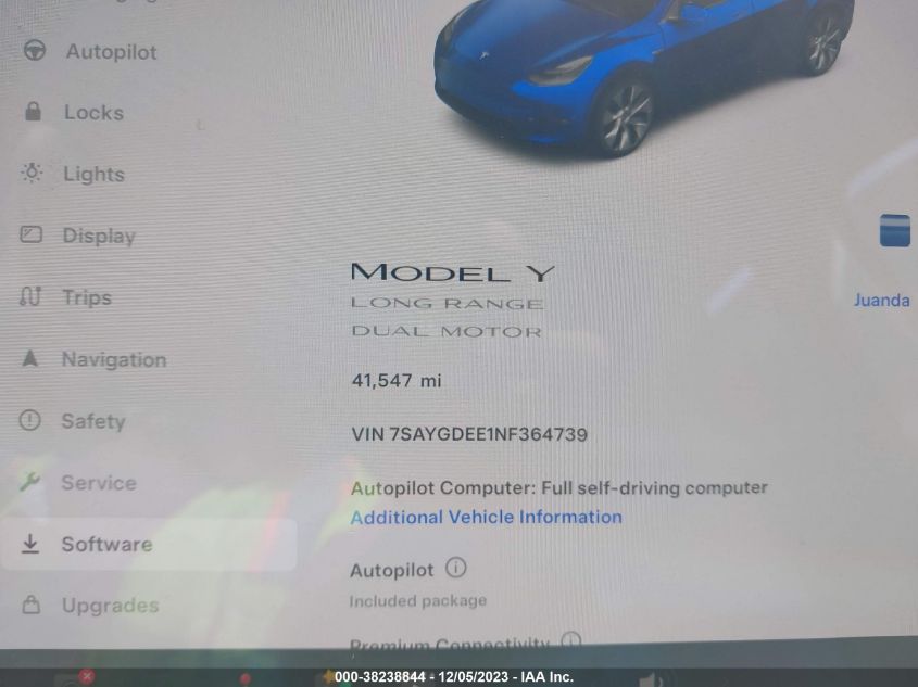 2022 Tesla Model Y Long Range Dual Motor All-Wheel Drive VIN: 7SAYGDEE1NF364739 Lot: 38238844