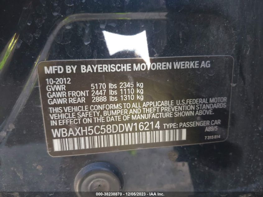 2013 BMW 528I xDrive VIN: WBAXH5C58DDW16214 Lot: 38238870