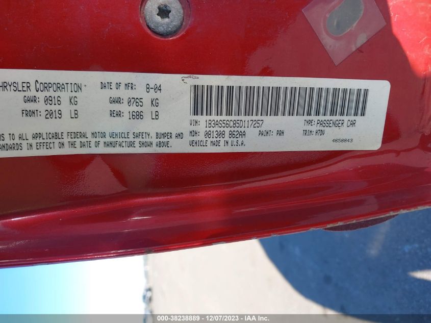 2005 Dodge Neon Sxt VIN: 1B3AS56C85D117257 Lot: 38238889