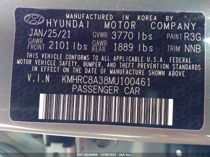 2021 Hyundai Venue Sel VIN: KMHRC8A38MU100461 Lot: 38238985