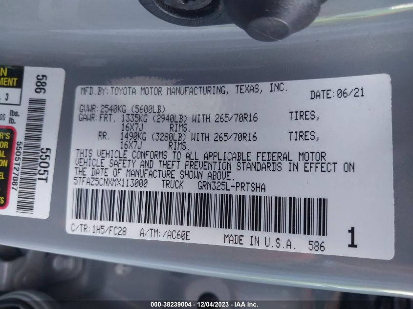 2021 Toyota Tacoma Sr5 V6 VIN: 5TFAZ5CNXMX113000 Lot: 38239004