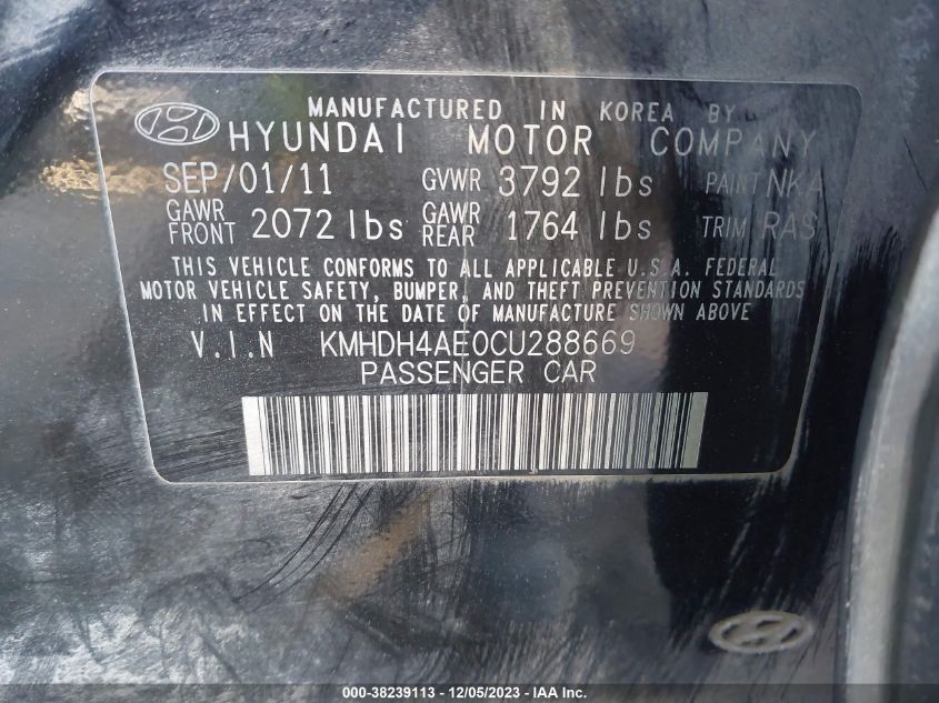 2012 Hyundai Elantra Limited (Ulsan Plant) VIN: KMHDH4AE0CU288669 Lot: 38239113