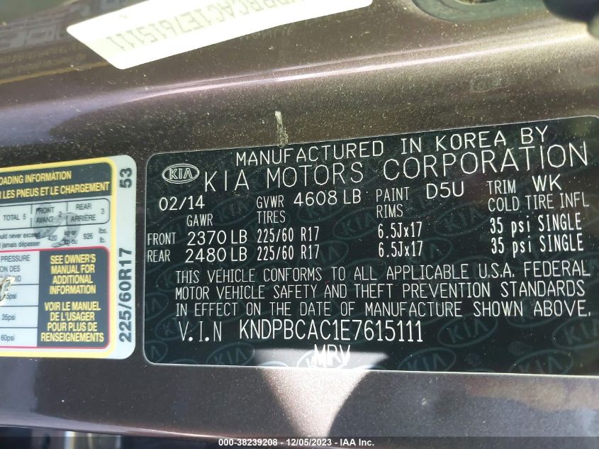 2014 Kia Sportage Lx VIN: KNDPBCAC1E7615111 Lot: 38239208