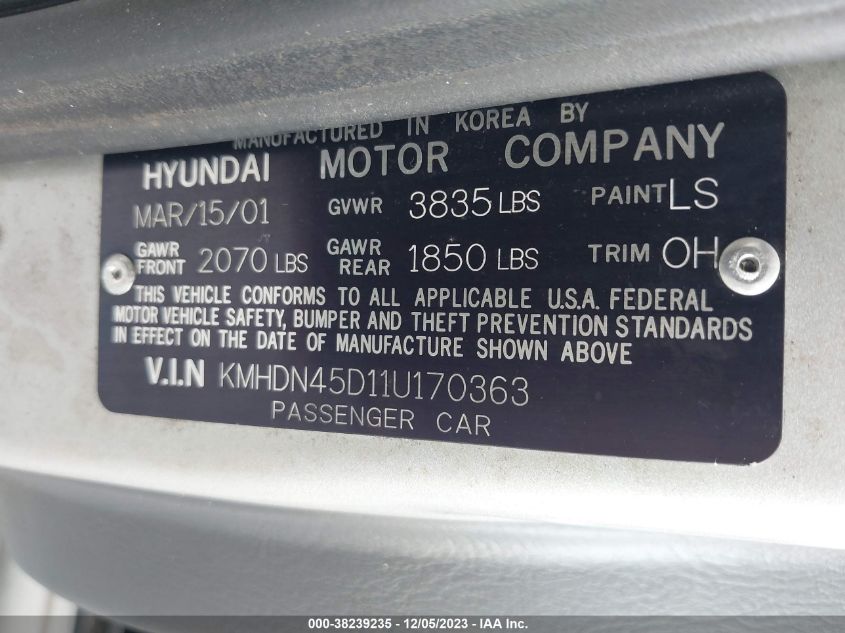 2001 Hyundai Elantra Gls VIN: KMHDN45D11U170363 Lot: 38239235