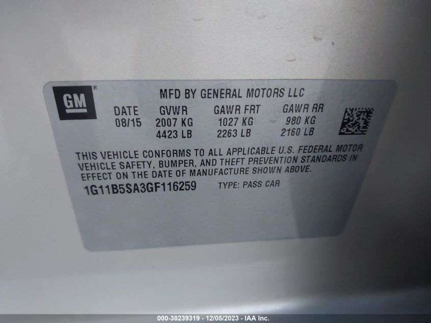 2016 Chevrolet Malibu Limited Ls VIN: 1G11B5SA3GF116259 Lot: 38239319
