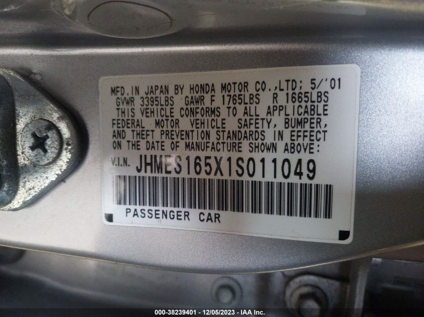 2001 Honda Civic Lx VIN: JHMES165X1S011049 Lot: 38239401