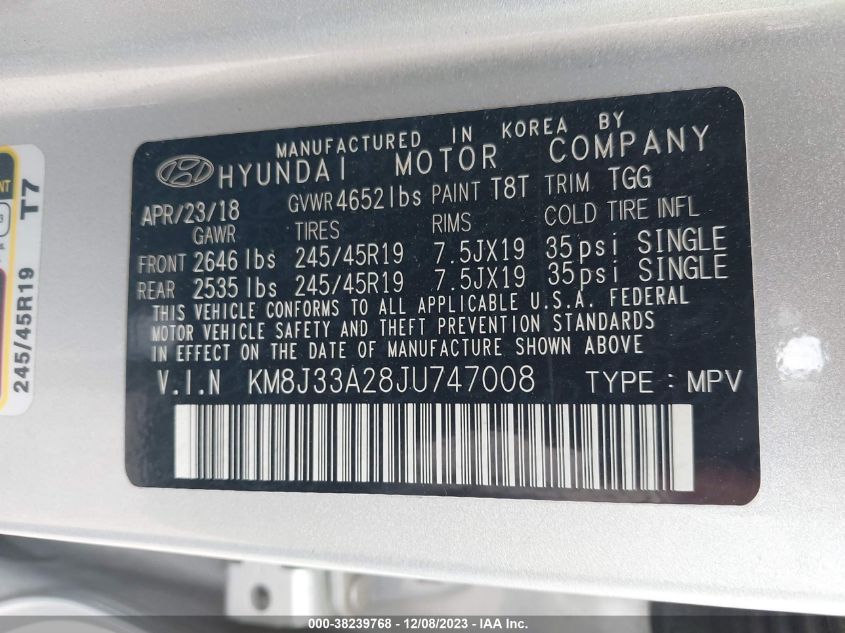 KM8J33A28JU747008 2018 Hyundai Tucson Value