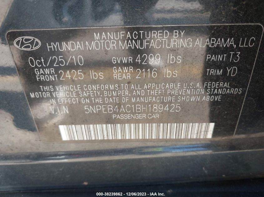 2011 Hyundai Sonata Gls VIN: 5NPEB4AC1BH189425 Lot: 38239862