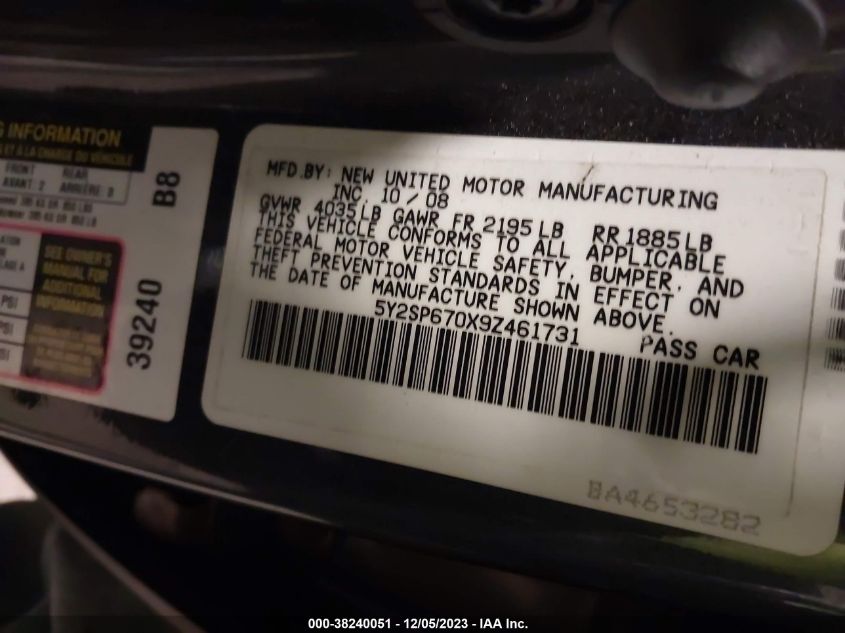 2009 Pontiac Vibe 1Sb VIN: 5Y2SP670X9Z461731 Lot: 38240051