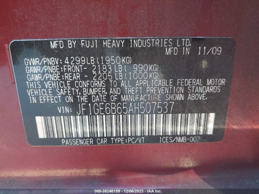 2010 Subaru Impreza 2.5I Premium VIN: JF1GE6B65AH507537 Lot: 38240159