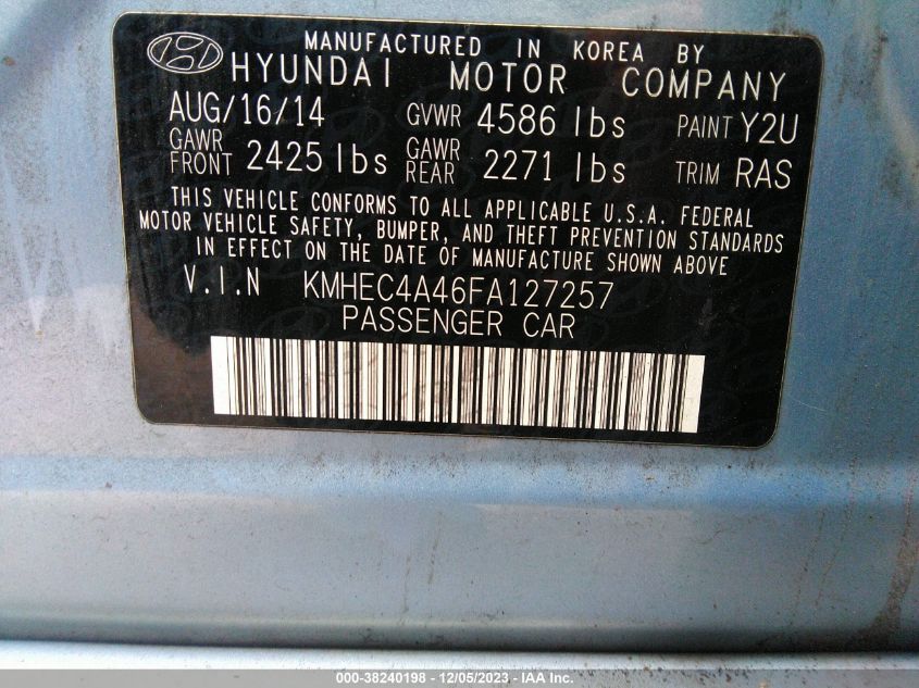 2015 Hyundai Sonata Hybrid Limited VIN: KMHEC4A46FA127257 Lot: 38240198