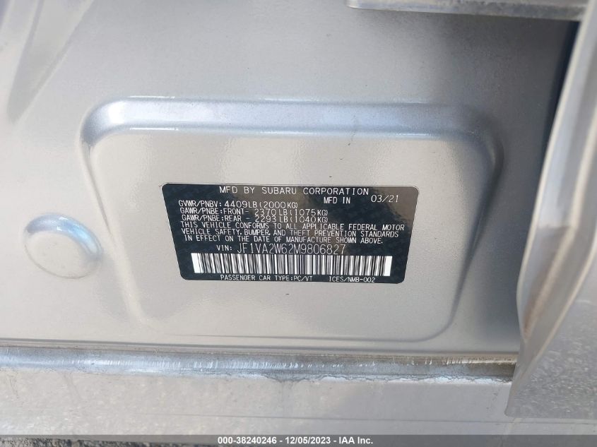 2021 Subaru Wrx Sti Limited VIN: JF1VA2W62M9806827 Lot: 38240246