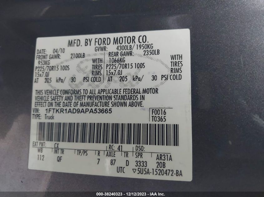 1FTKR1AD9APA53665 2010 Ford Ranger Xl/Xlt