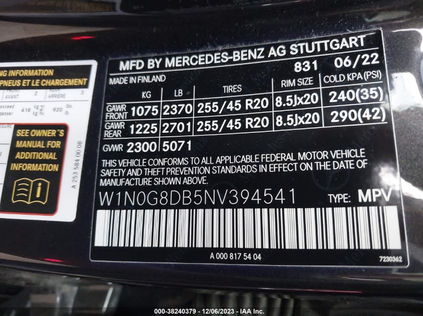 W1N0G8DB5NV394541 2022 Mercedes-Benz Glc 300 Suv