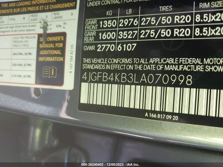 2020 Mercedes-Benz Gle 350 4Matic VIN: 4JGFB4KB3LA070998 Lot: 38240402