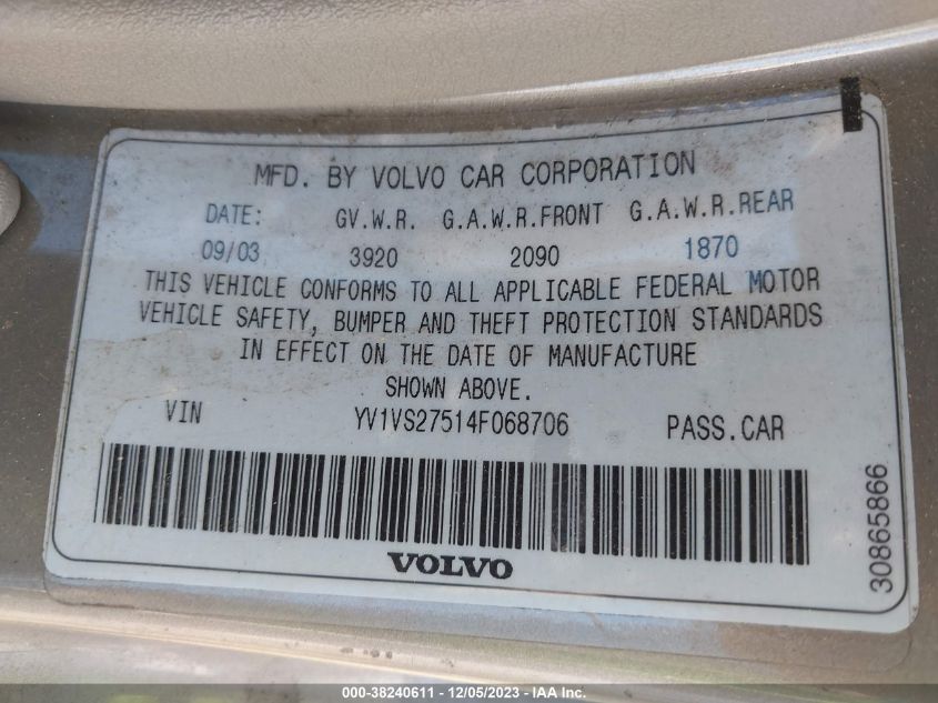 2004 Volvo S40 A/Lse VIN: YV1VS27514F068706 Lot: 38240611