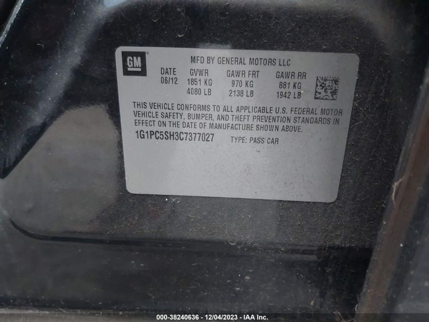 2012 Chevrolet Cruze Ls VIN: 1G1PC5SH3C7377027 Lot: 38240636