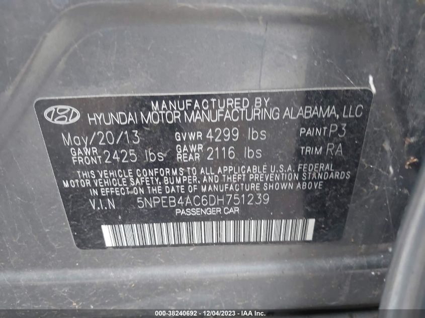 2013 Hyundai Sonata Gls VIN: 5NPEB4AC6DH751239 Lot: 38240692