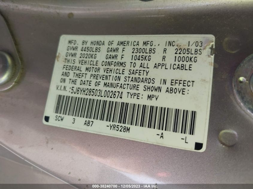 2003 Honda Element Ex VIN: 5J6YH28503L002674 Lot: 38240700