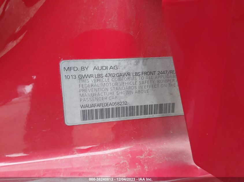 2014 Audi A4 2.0T Premium VIN: WAUAFAFL0EA058232 Lot: 38240813