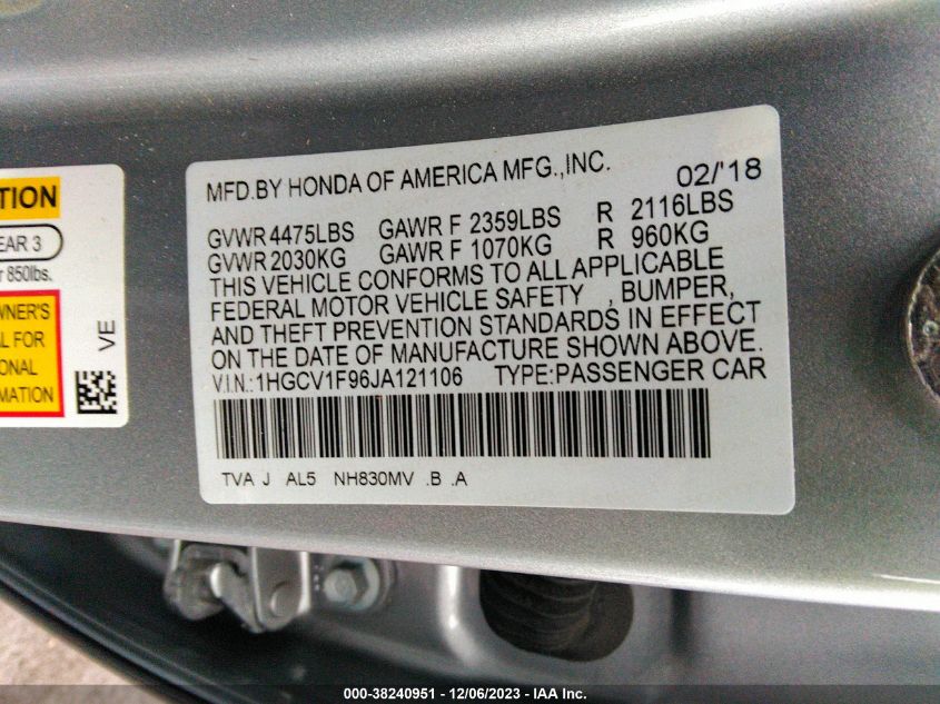 1HGCV1F96JA121106 2018 Honda Accord Touring