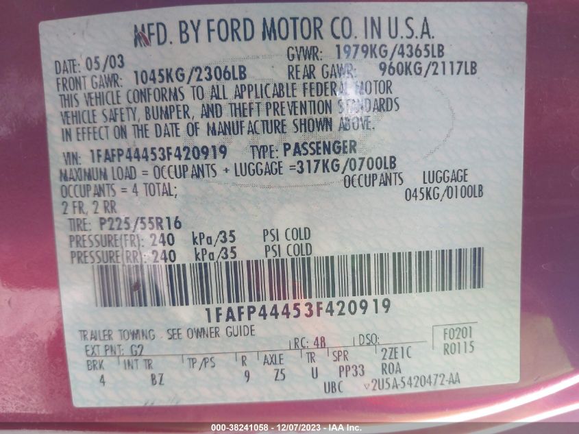 1FAFP44453F420919 2003 Ford Mustang