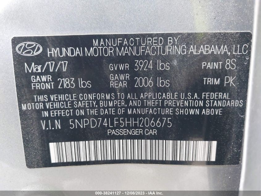 5NPD74LF5HH206675 2017 Hyundai Elantra Se