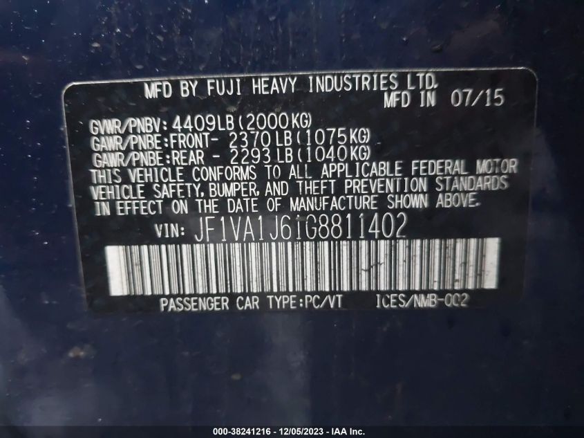 2016 Subaru Wrx Limited VIN: JF1VA1J61G8811402 Lot: 38241216