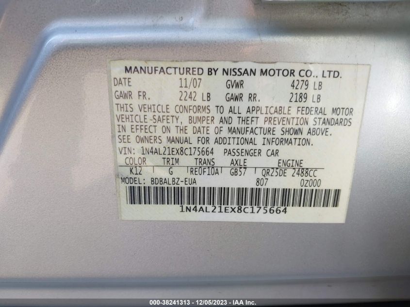 1N4AL21EX8C175664 2008 Nissan Altima 2.5 S