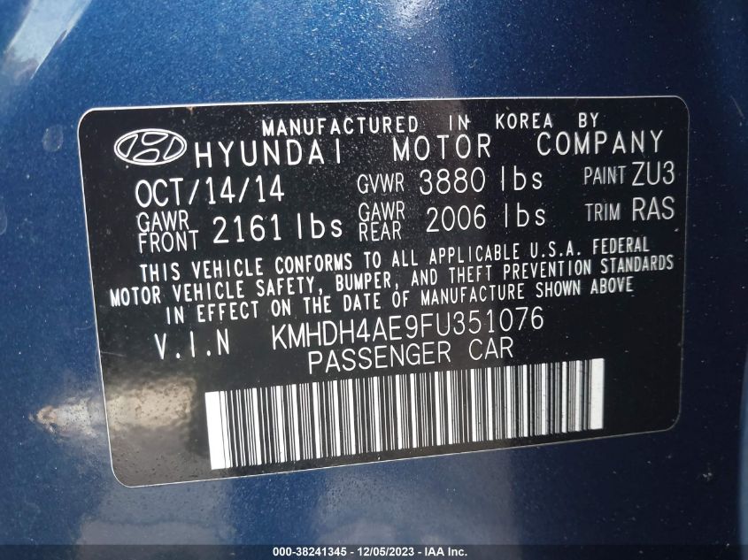 2015 Hyundai Elantra Se (Ulsan Plant) VIN: KMHDH4AE9FU351076 Lot: 38241345