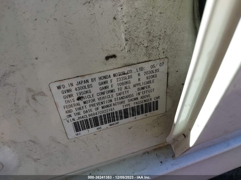 2007 Acura Tsx VIN: JH4CL96847C022161 Lot: 38241353