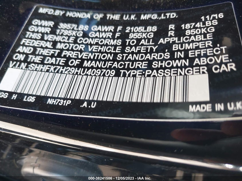 2017 Honda Civic Lx VIN: SHHFK7H29HU409709 Lot: 38241586