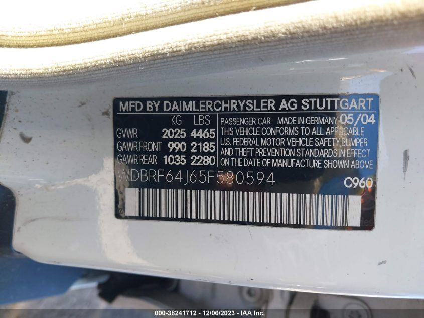 2005 Mercedes-Benz C-Class 3.2L VIN: WDBRF64J65F580594 Lot: 38241712