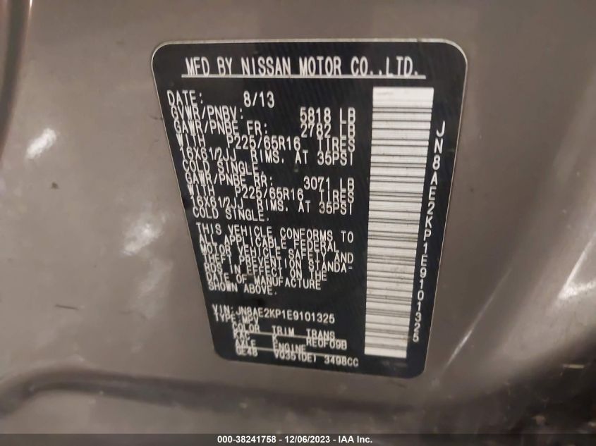 2014 Nissan Quest Le/S/Sl/Sv VIN: JN8AE2KP1E9101325 Lot: 38241758