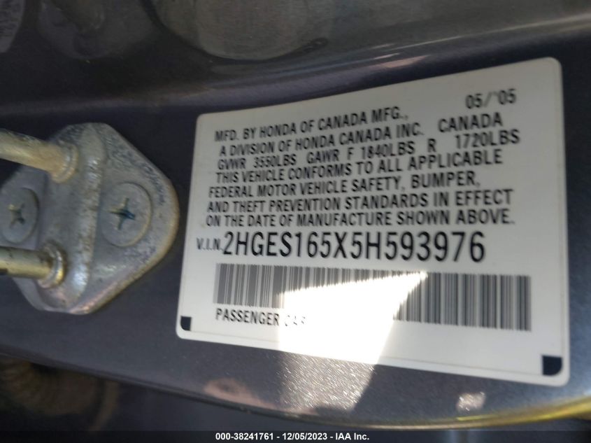2005 Honda Civic Lx VIN: 2HGES165X5H593976 Lot: 38241761