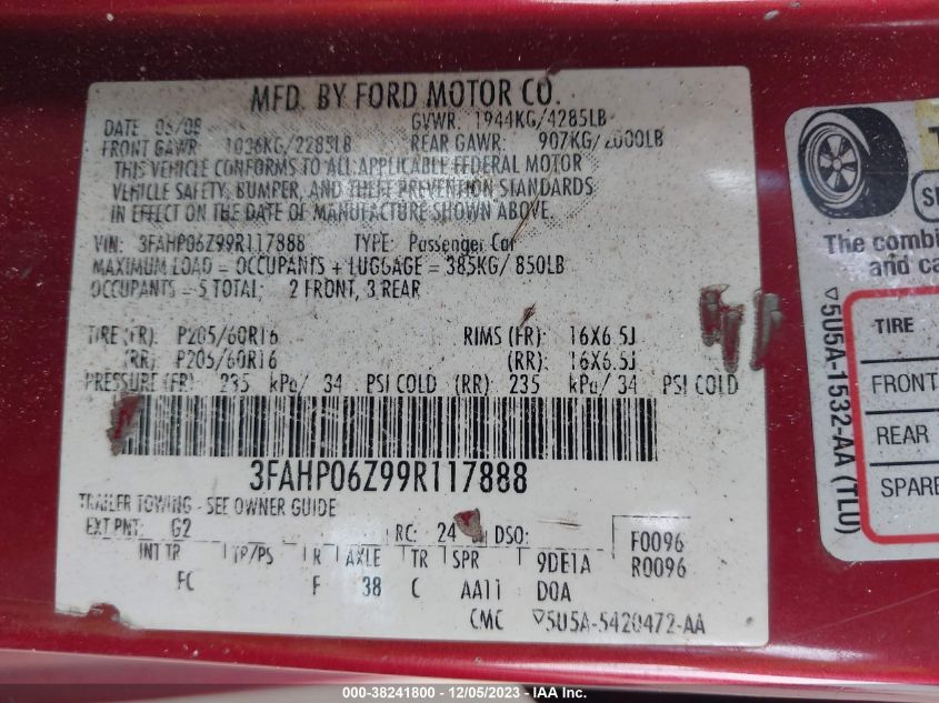 2009 Ford Fusion S VIN: 3FAHP06Z99R117888 Lot: 38241800