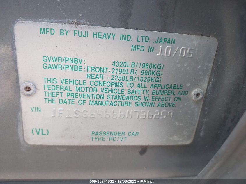 2006 Subaru Forester 2.5 Xt Limited VIN: JF1SG69666H736259 Lot: 38241935