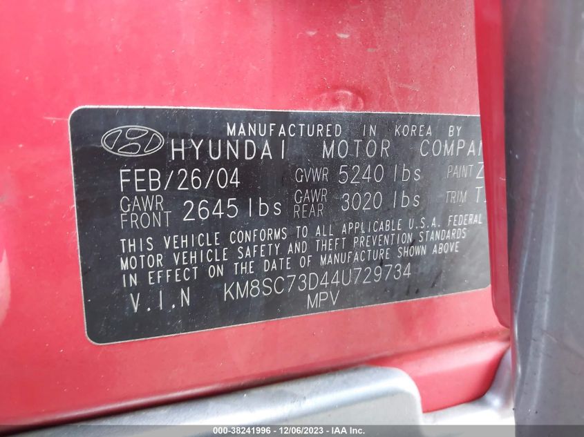 2004 Hyundai Santa Fe Gls VIN: KM8SC73D44U729734 Lot: 38241996