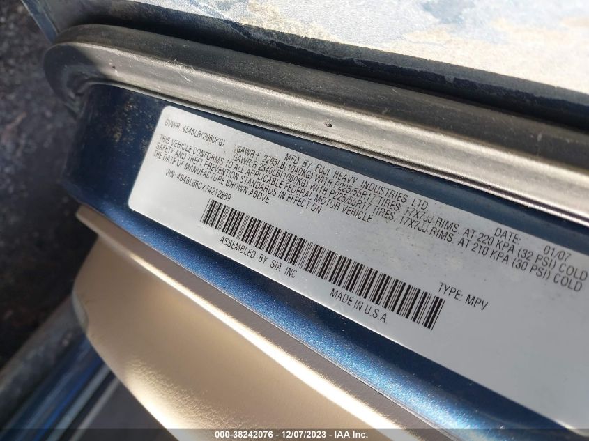 2007 Subaru Outback 3.0R L.l. Bean Edition VIN: 4S4BL86CX74212869 Lot: 38242076