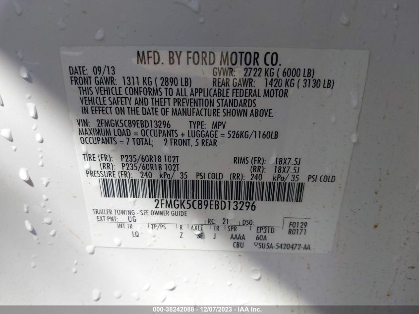 2FMGK5C89EBD13296 2014 Ford Flex Sel