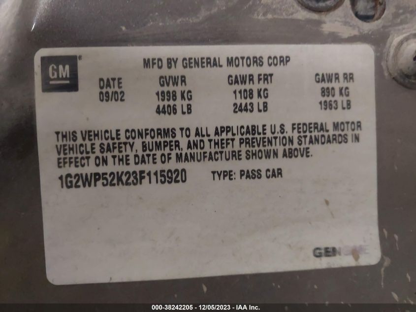 2003 Pontiac Grand Prix Gt VIN: 1G2WP52K23F115920 Lot: 38242205