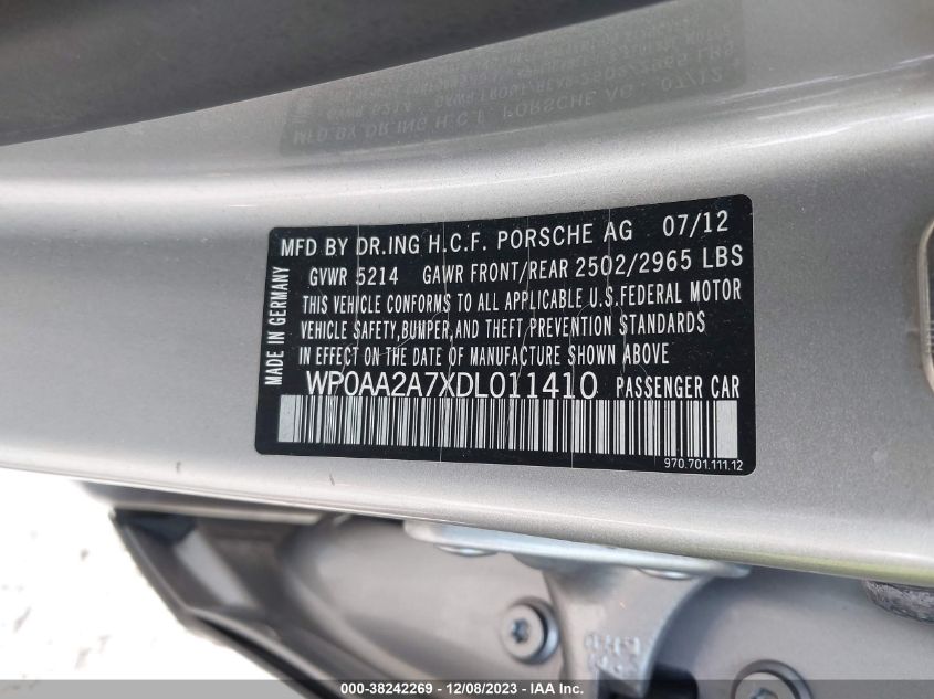 2013 Porsche Panamera 4 VIN: WP0AA2A7XDL011410 Lot: 38242269